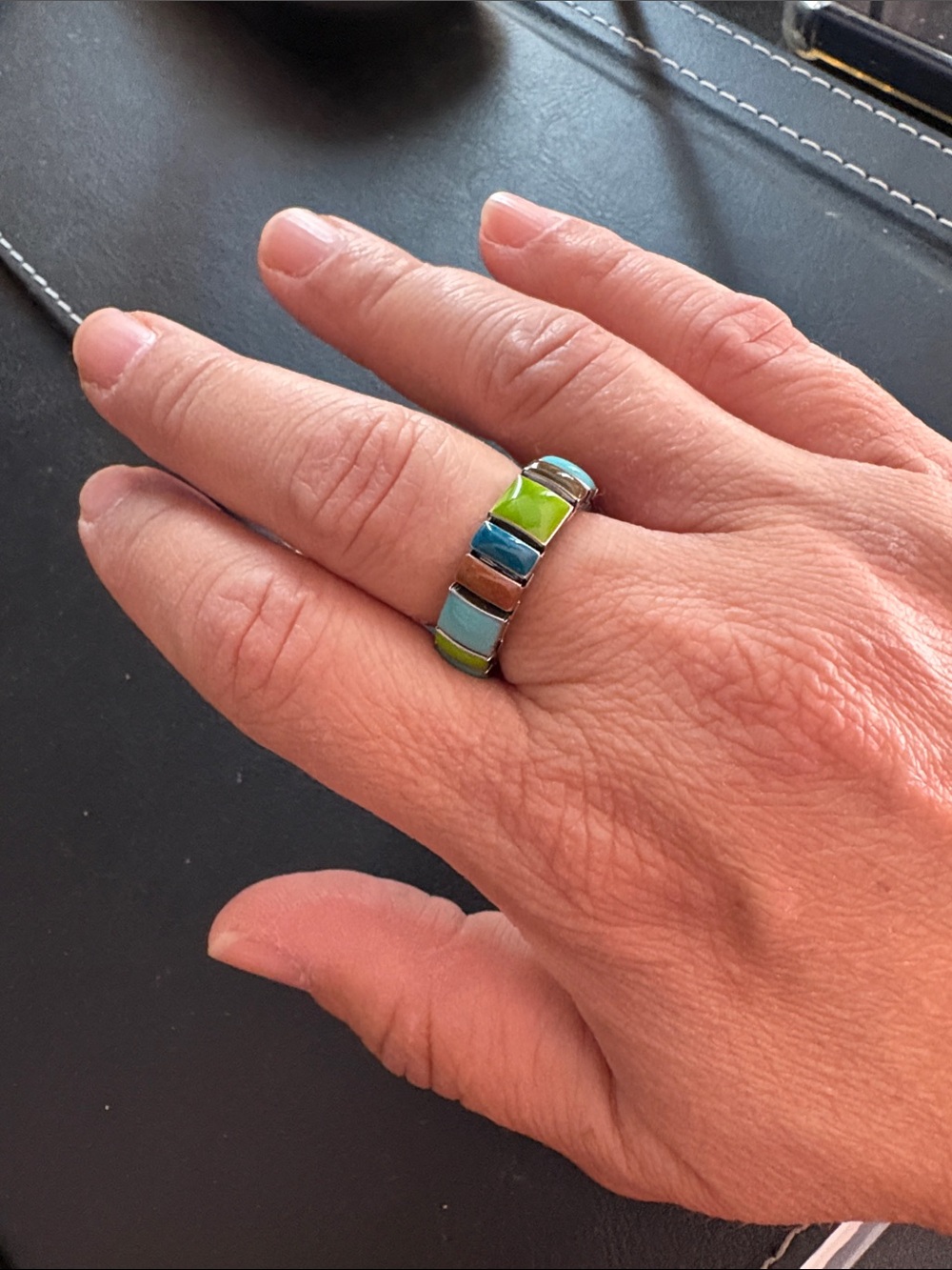 Color Block Enamel Band Ring in Blue and Green size 7 can expand - sz 10
